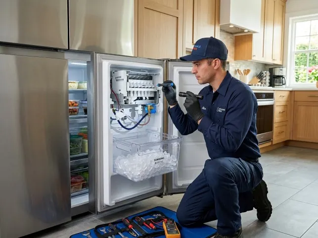 Appliance Repair Hero technician repairing a refrigerator ice maker in Aston, PA