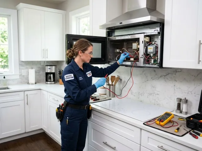 Appliance Repair Hero technician testing an over-the-range microwave in a Aston, PA kitchen
