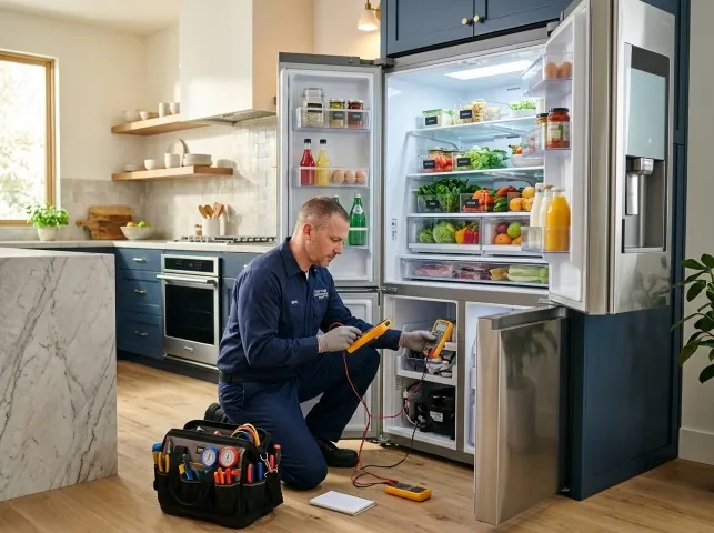 Appliance Repair Hero refrigerator technician testing a fridge on a Aston, PA service call
